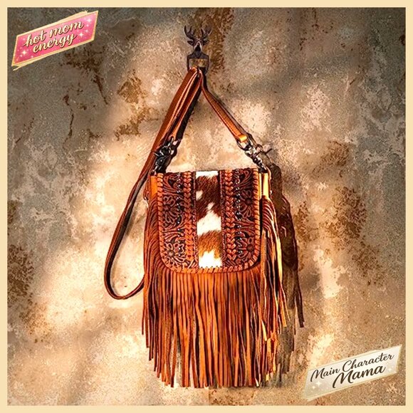 Small Crossbody Bag with Fringe, Hair-On Cowhide, Adjustable Strap - Picture 4 of 6